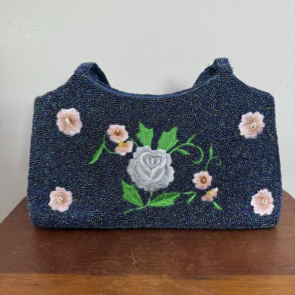 American Vintage Handbags - Vintage Blue Floral Beaded Handbag Indie Fairy Purse Boho 90s